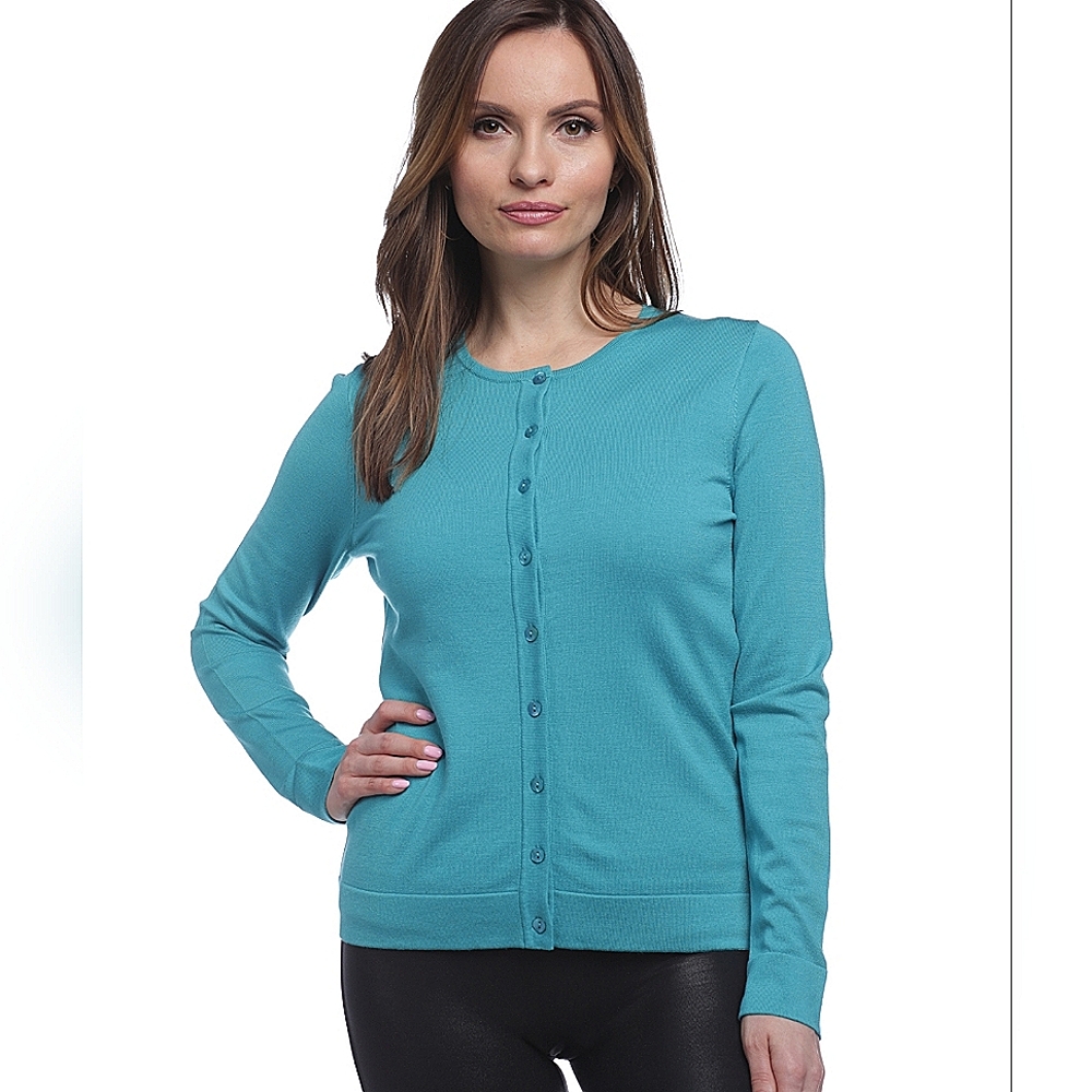 August Silk Long Sleeve Crew Neck Jersey Cardigan in Turquoise Tile Size S